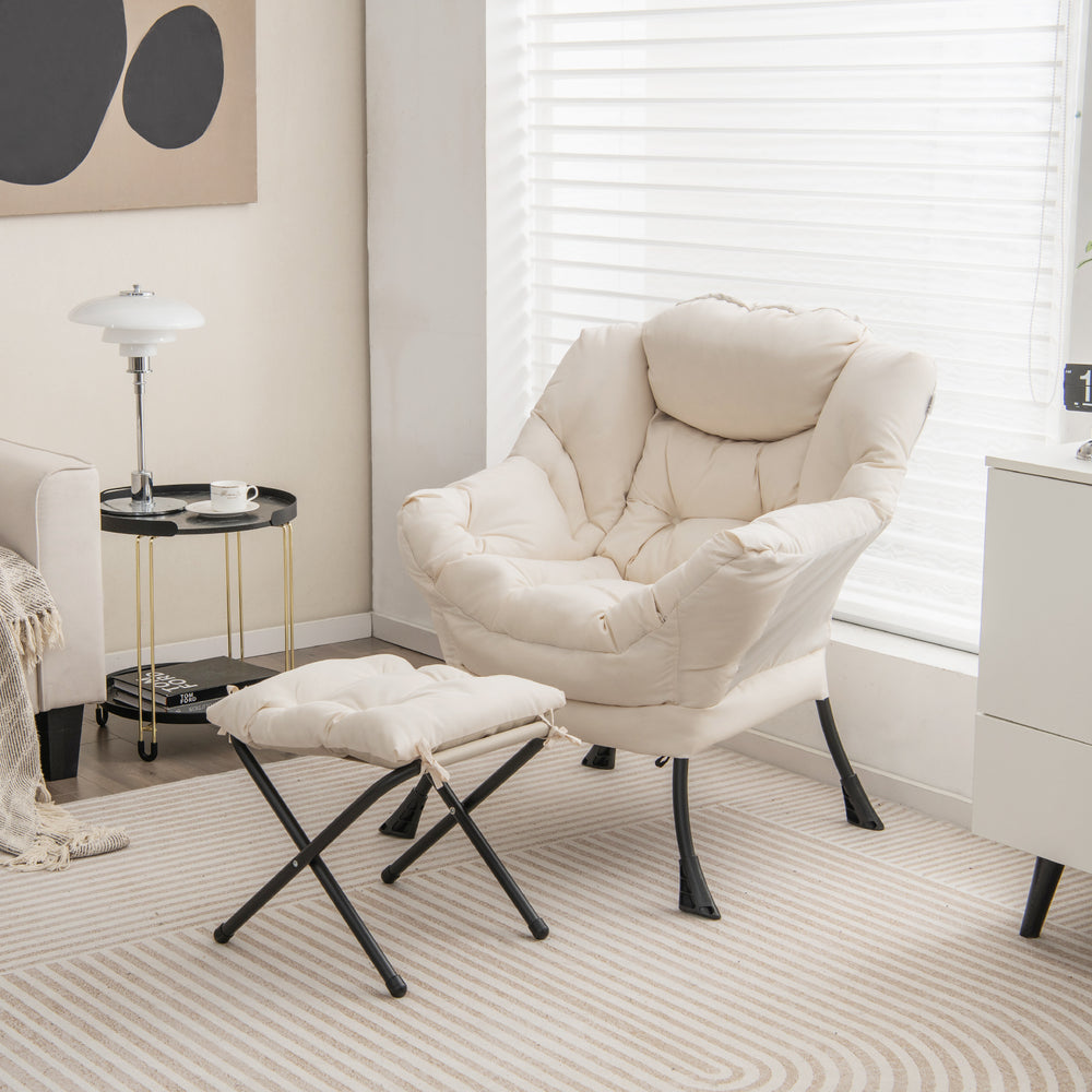 Beige modern accent sofa chair with folding footrest, side pocket, and durable polyester fabric for living room comfort.