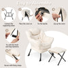 Modern accent sofa chair with beige cushion, folding footrest, and side pocket for versatile living room use.