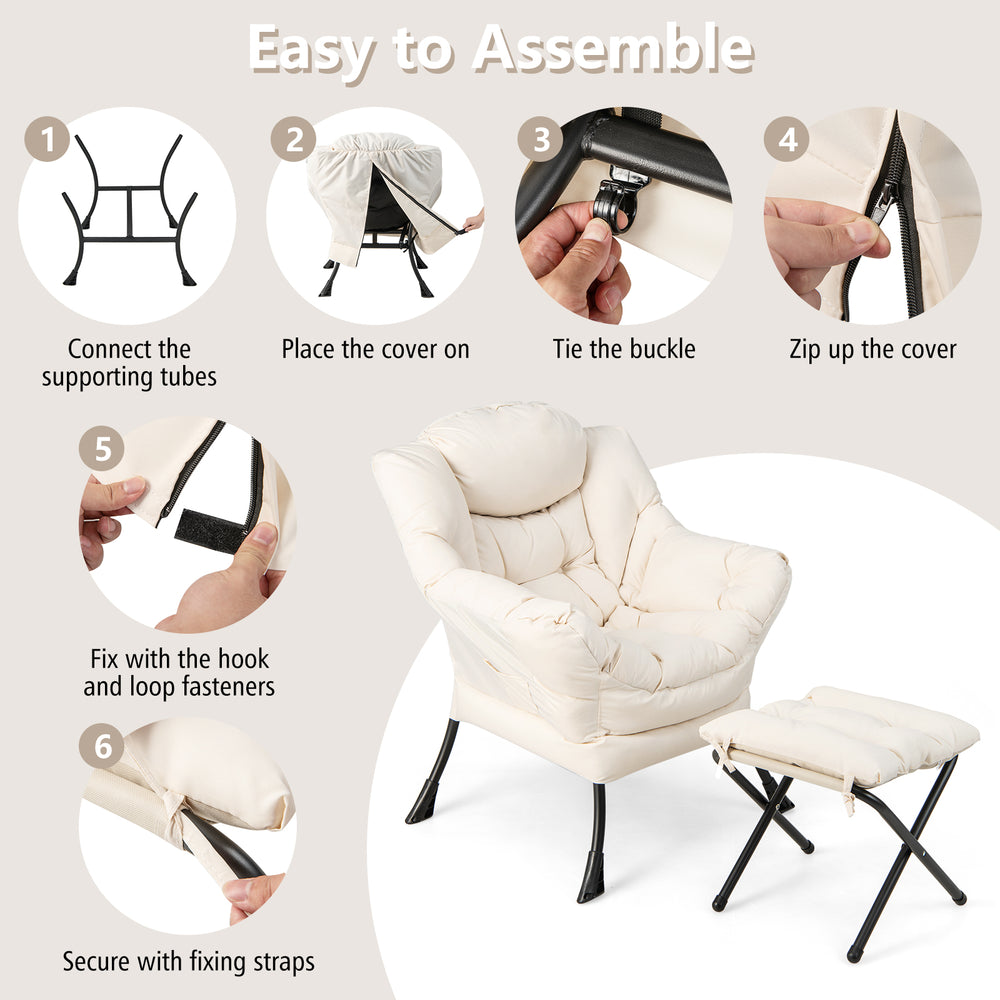 Modern accent sofa chair with beige cushion, folding footrest, and side pocket for versatile living room use.