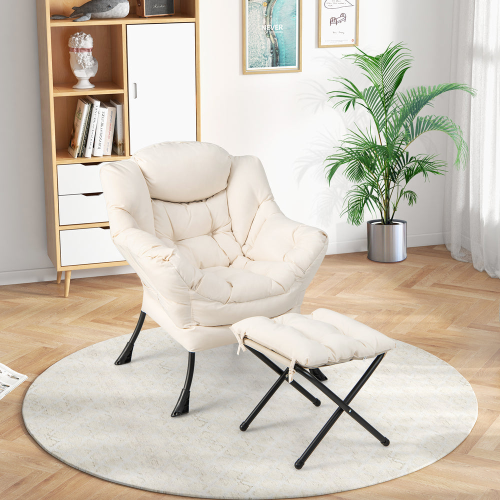 Beige modern accent chair with folding footrest, side pocket, and durable polyester fabric for living room comfort.