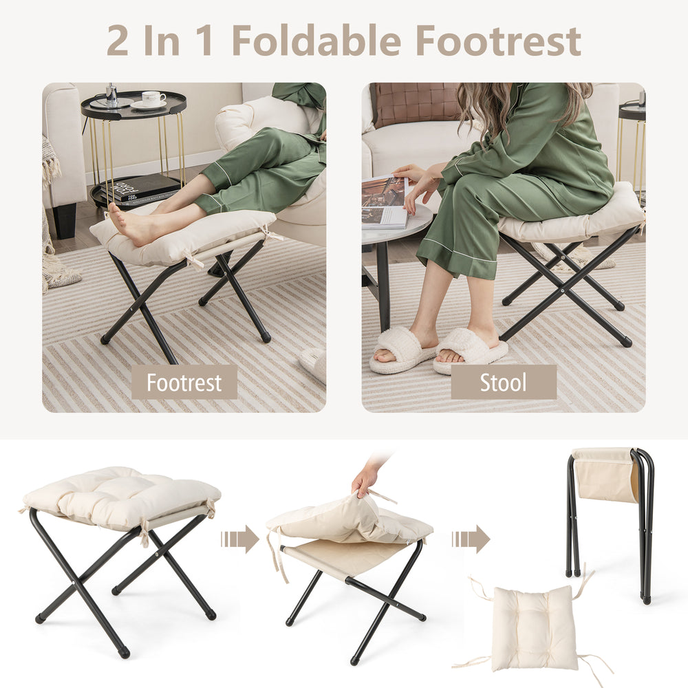 Foldable footrest and stool in beige, featuring a durable frame and soft cushion, ideal for living room or bedroom use.