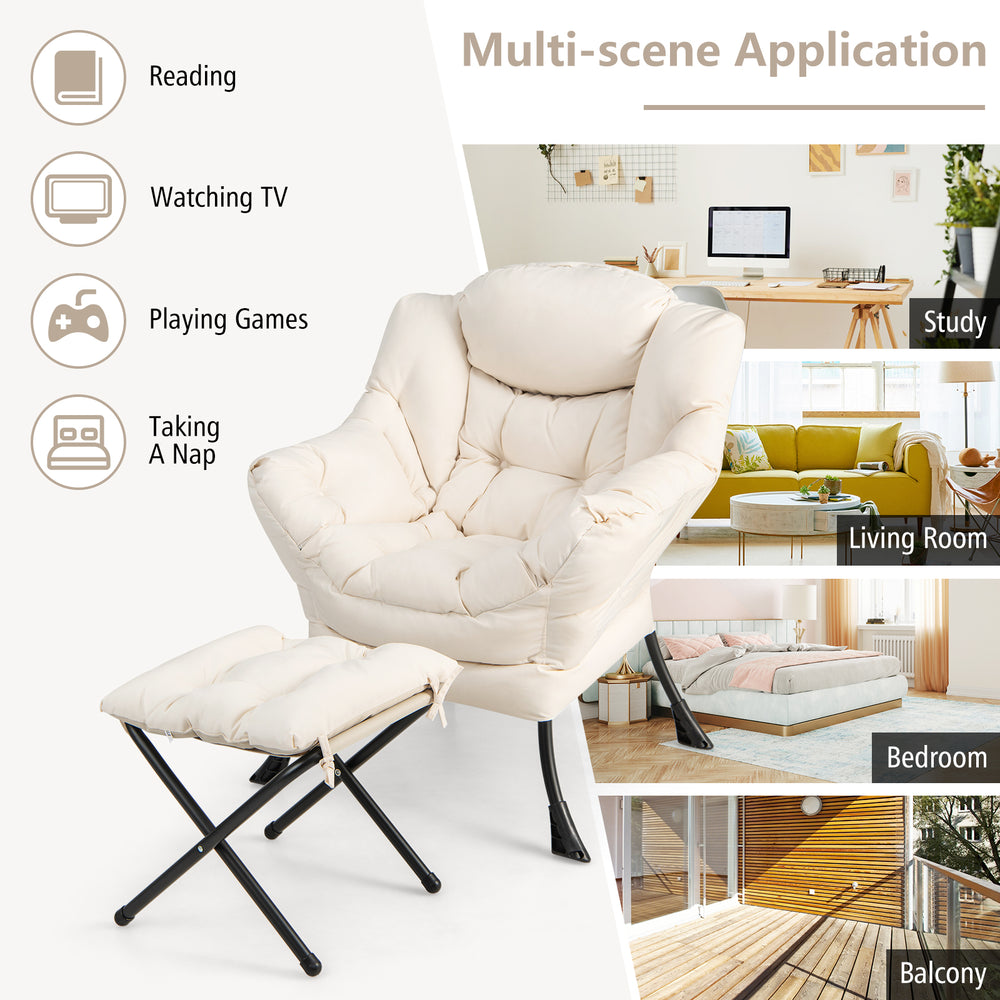 Beige modern accent sofa chair with folding footrest, side pocket, and durable polyester fabric for versatile use.