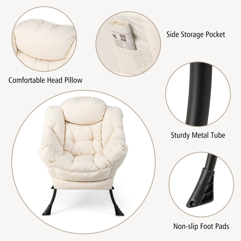 Beige modern accent sofa chair with folding footrest, side pocket, and sturdy metal frame for versatile comfort.