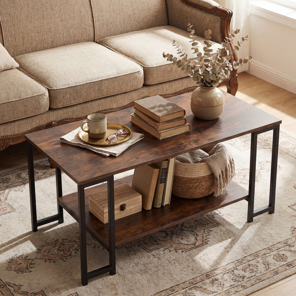 Rustic brown modern accent table with open storage shelf, featuring a sleek design and ample space for living room.