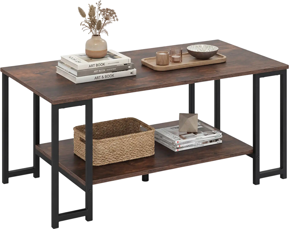 Modern accent table in rustic brown with open storage shelf, featuring a heavy-duty metal frame for durability.