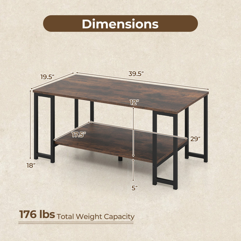 Modern accent table with dimensions, rustic brown finish, and open storage shelf for organized living room essentials.