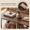 Modern accent table in rustic brown with sleek tabletop and open storage shelf, ideal for organizing living room.
