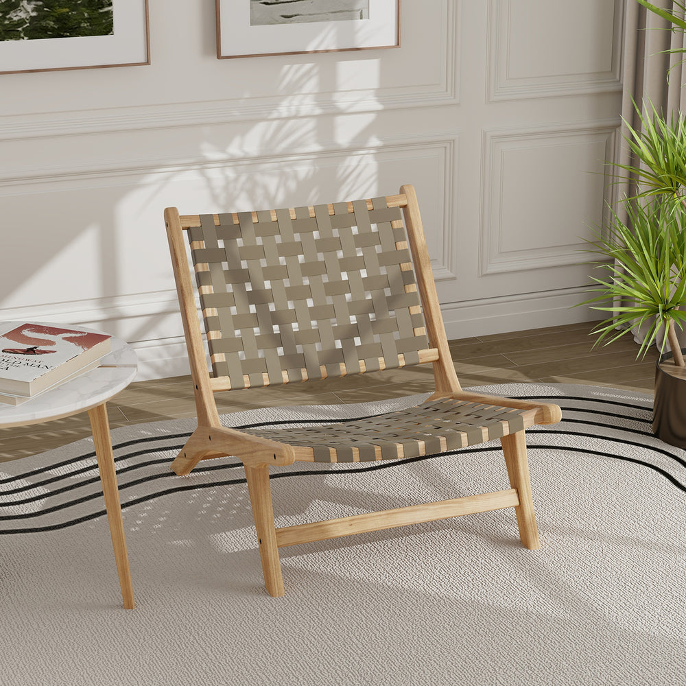 Modern armless teak wood lounge chair with brown nylon woven backrest, ideal for living rooms and porches.