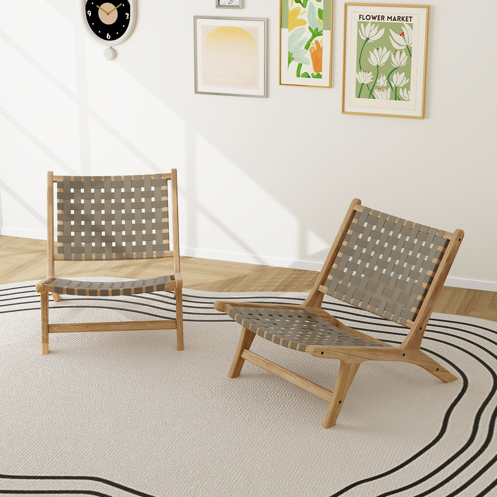 Modern armless teak wood lounge chairs with nylon woven seats, perfect for living rooms or porches.