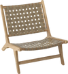 Modern armless lounge chair featuring a teak wood frame and brown nylon woven backrest, ideal for living rooms and.