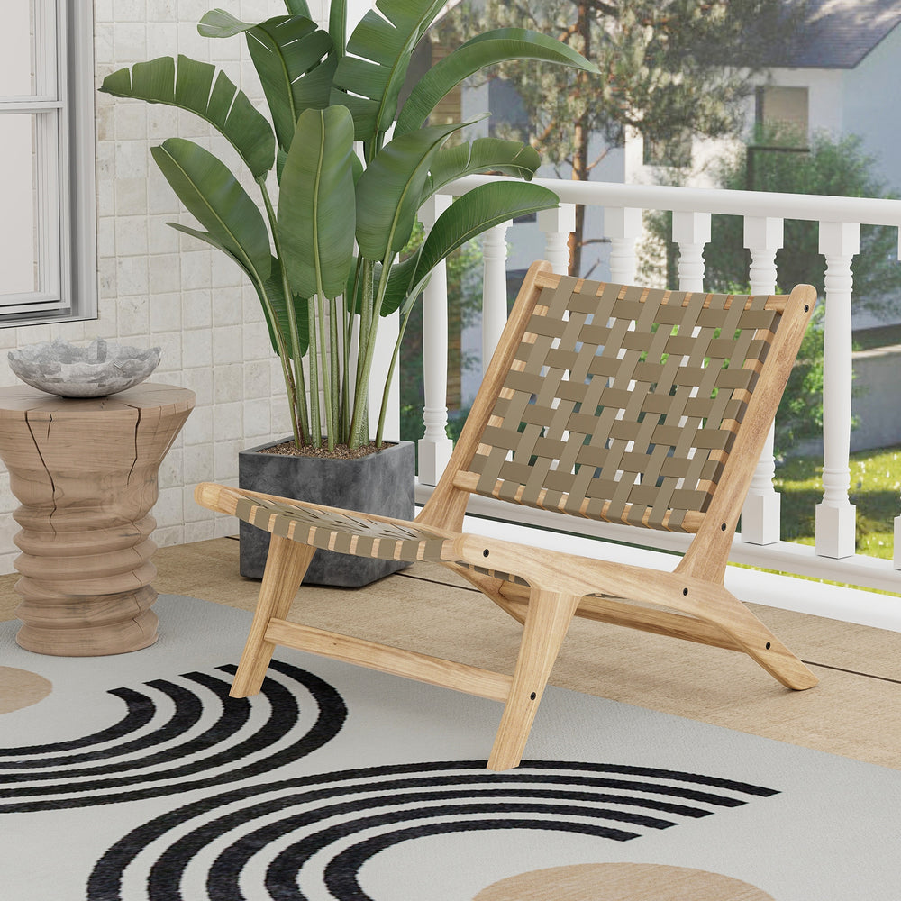 Modern armless teak wood lounge chair with brown nylon woven backrest, perfect for porches and outdoor relaxation.