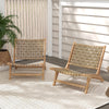 Modern armless teak wood lounge chairs with nylon woven backrest, perfect for relaxing in living rooms or porches.