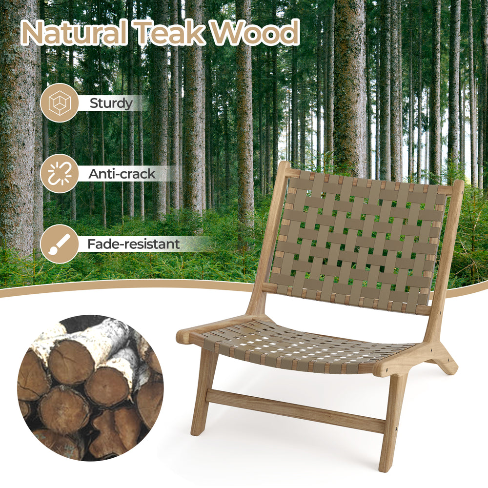 Modern armless teak wood lounge chair with nylon woven backrest, ideal for living rooms and porches.
