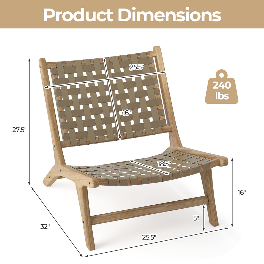 Modern armless teak wood lounge chair dimensions with nylon woven seat and backrest, supports up to 240 lbs.