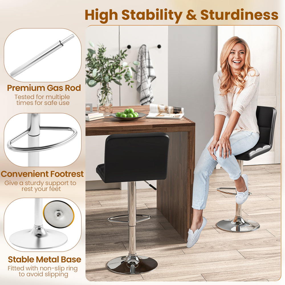 Modern black bar stool set with backrest, adjustable height, and sturdy metal base for comfortable seating.