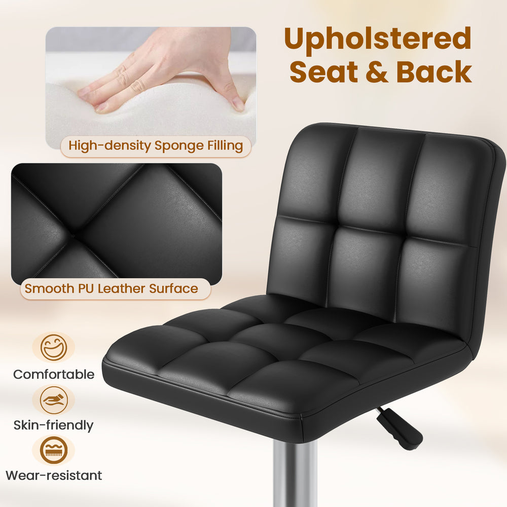 Upholstered black bar stool seat with high-density sponge filling and smooth PU leather surface for comfort and style.