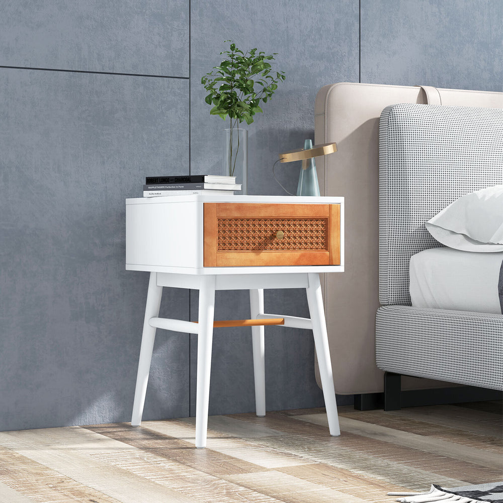 1-Drawer Modern Bedside Table with Solid Wood Legs-White - Gallery View 1 of 9