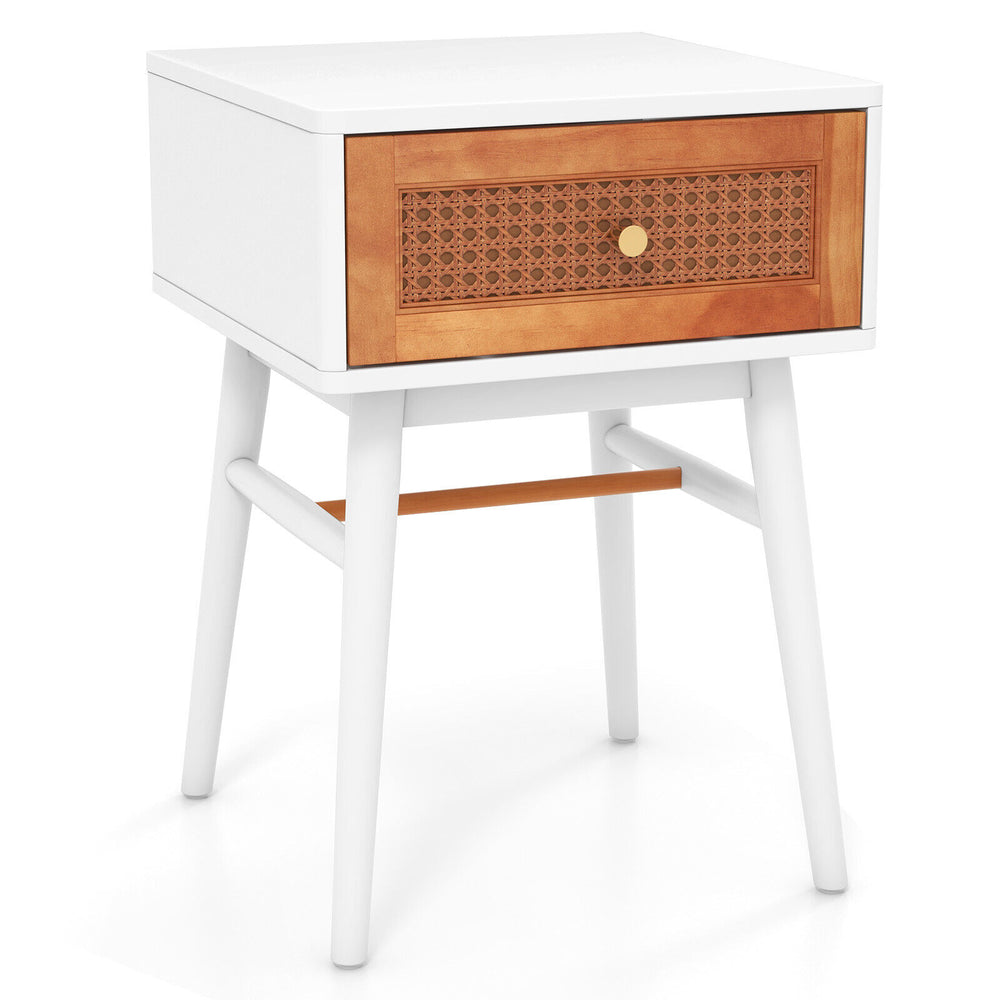 Modern bedside table with solid wood legs, rattan front panel, and large drawer, ideal for bedroom or living room use.