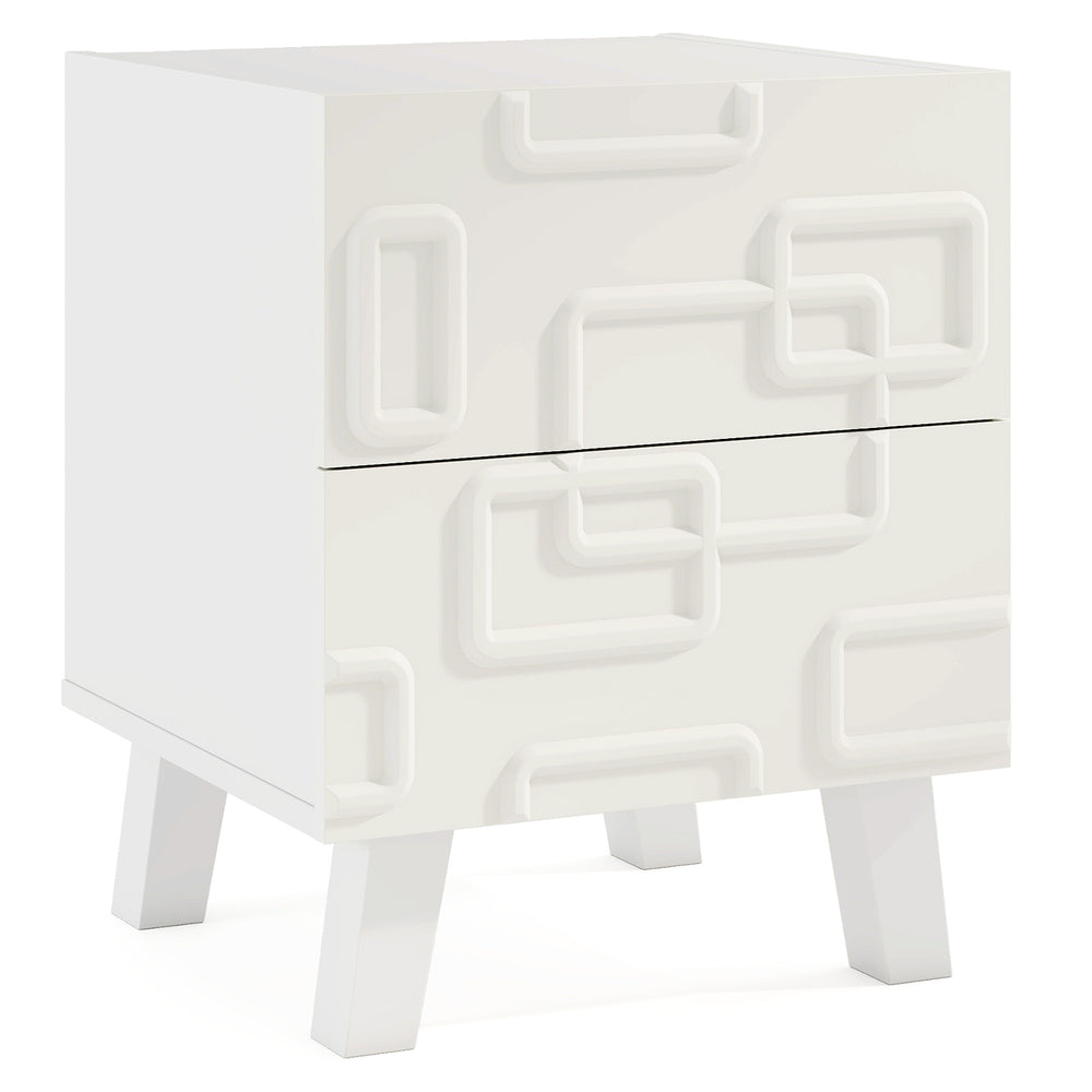 Modern nightstand side table in white with 3D geometric patterns and two spacious drawers for stylish storage.
