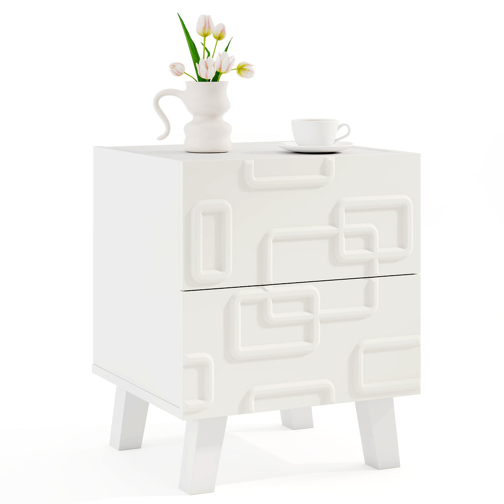 Modern nightstand side table in white with 3D geometric patterns, featuring two drawers and a convenient tabletop for.
