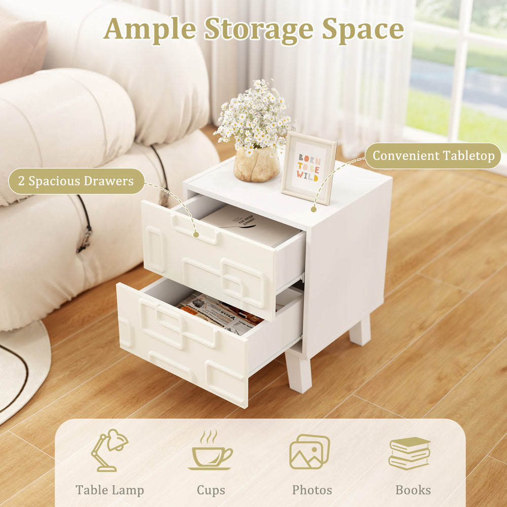 Modern nightstand in white with 2 spacious drawers and 3D geometric patterns, perfect for bedside essentials and decor.