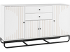 Modern buffet sideboard cabinet in white with a curved metal base, showcasing striped doors and ample storage space for dining needs.