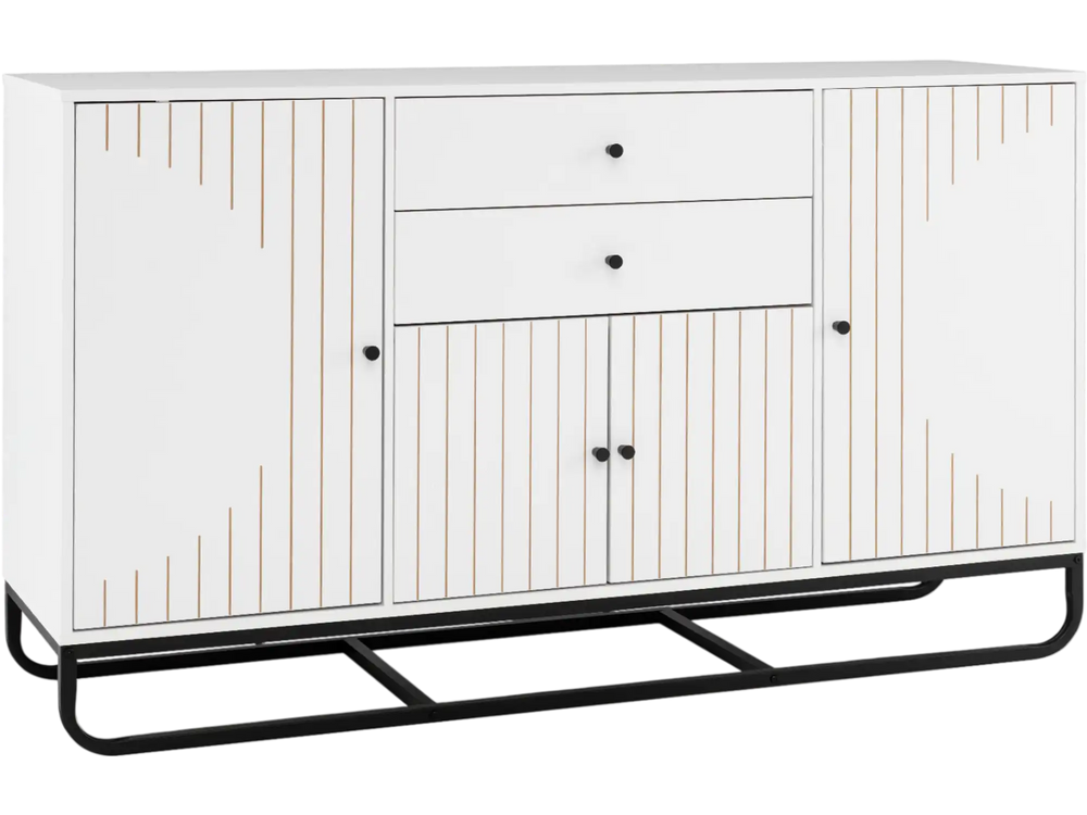 Modern buffet sideboard cabinet in white with a curved metal base, showcasing striped doors and ample storage space for dining needs.
