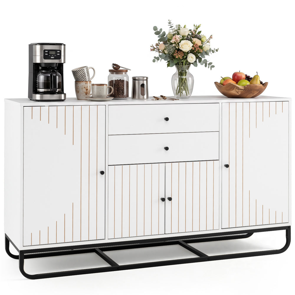 Modern buffet sideboard cabinet in white with striped doors, featuring 2 drawers and adjustable shelves for versatile storage.