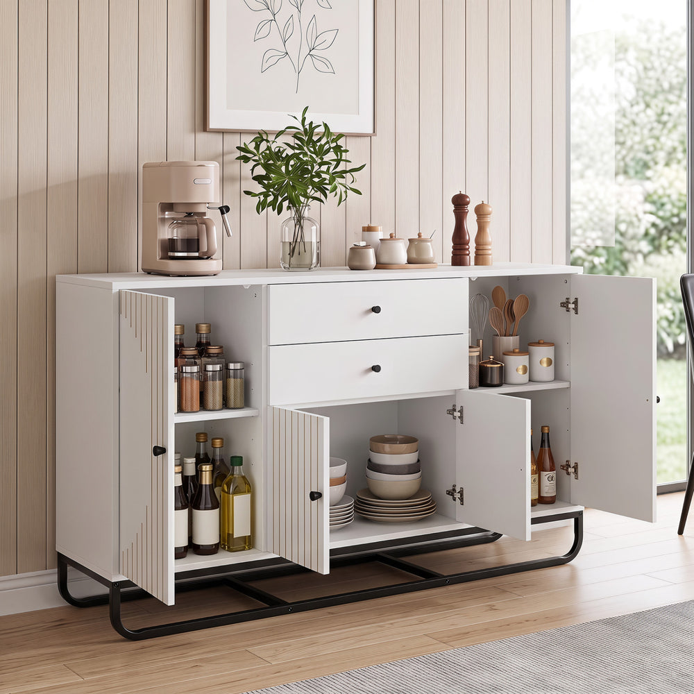 Modern buffet sideboard cabinet in white with two drawers, adjustable shelves, and stylish striped doors for versatile storage.
