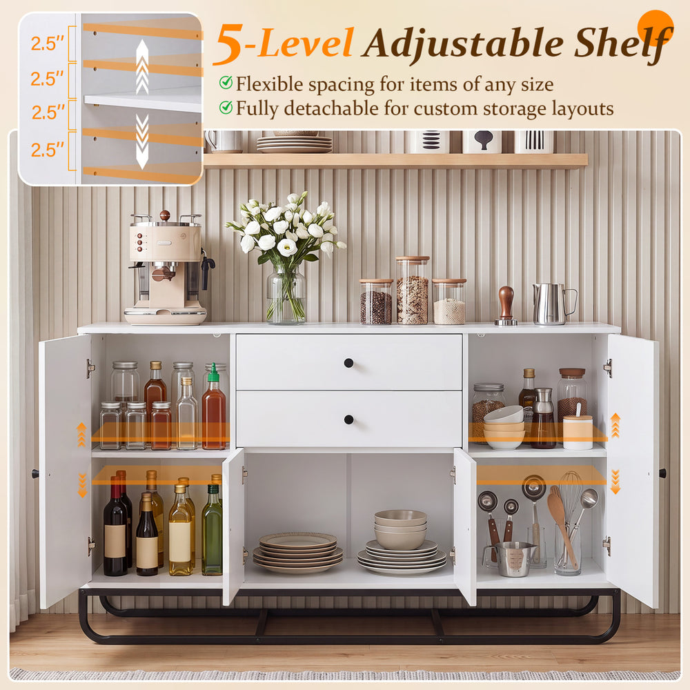 Modern white buffet sideboard cabinet featuring 2 drawers, adjustable shelves, and a sleek geometric design for versatile storage.