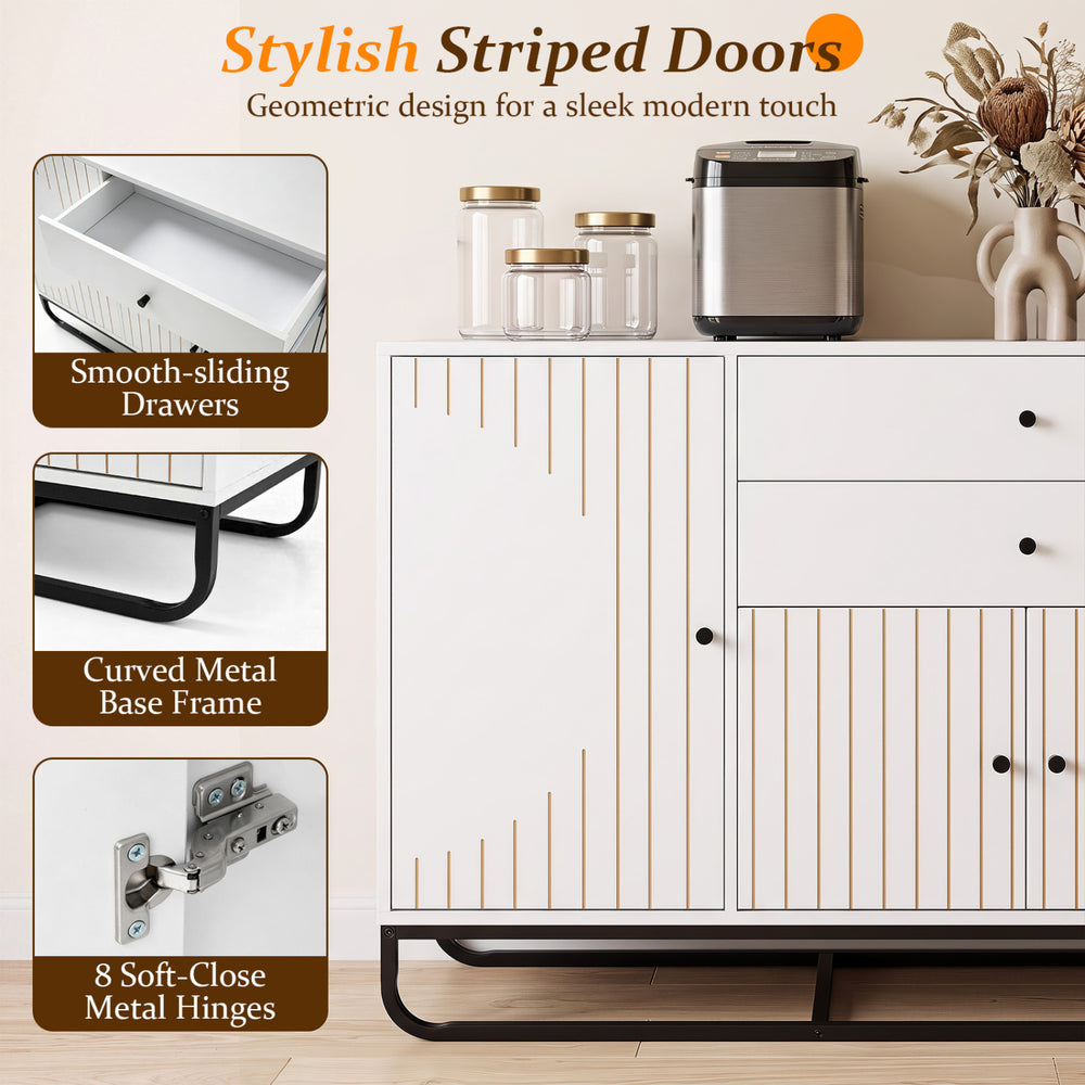 Modern buffet sideboard cabinet in white with stylish striped doors, featuring 2 smooth-sliding drawers and adjustable shelves.