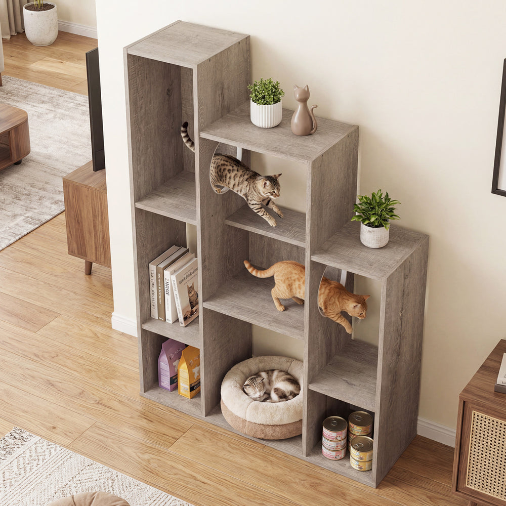 Modern Cat Bookshelf Cat Tree 8-Section Storage Cabinet with 2 Round Holes-Gray Oak - Gallery View 1 of 10