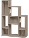 Modern cat bookshelf with 8 sections in gray oak, featuring dual round holes for cat hideaways and ample storage.
