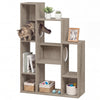 Modern cat bookshelf with gray oak finish, featuring multi-level design and dual round holes for cat lounging and play.