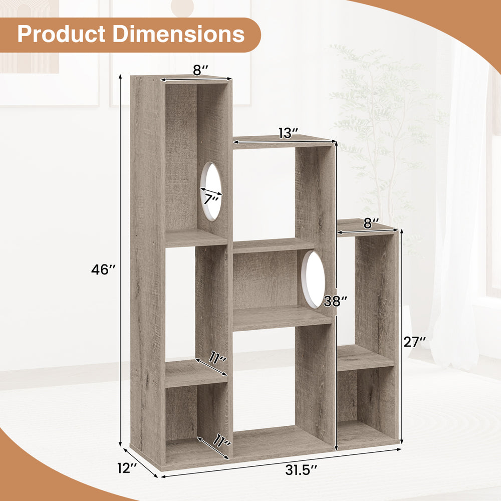 Multi-level gray oak cat bookshelf with 8 sections and 2 round holes, ideal for climbing and lounging in modern spaces.
