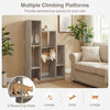 Multi-level gray oak cat tree with 2 round holes for climbing, lounging, and jumping in modern home decor.