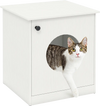Modern cat litter box enclosure in white with a cat peeking out, designed for small to large cats.
