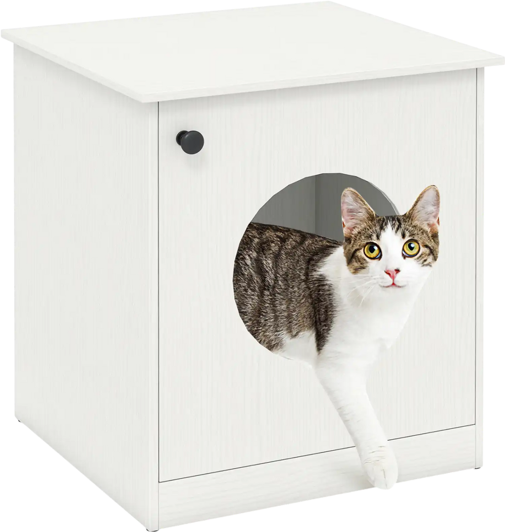 Modern cat litter box enclosure in white with a cat peeking out, designed for small to large cats.