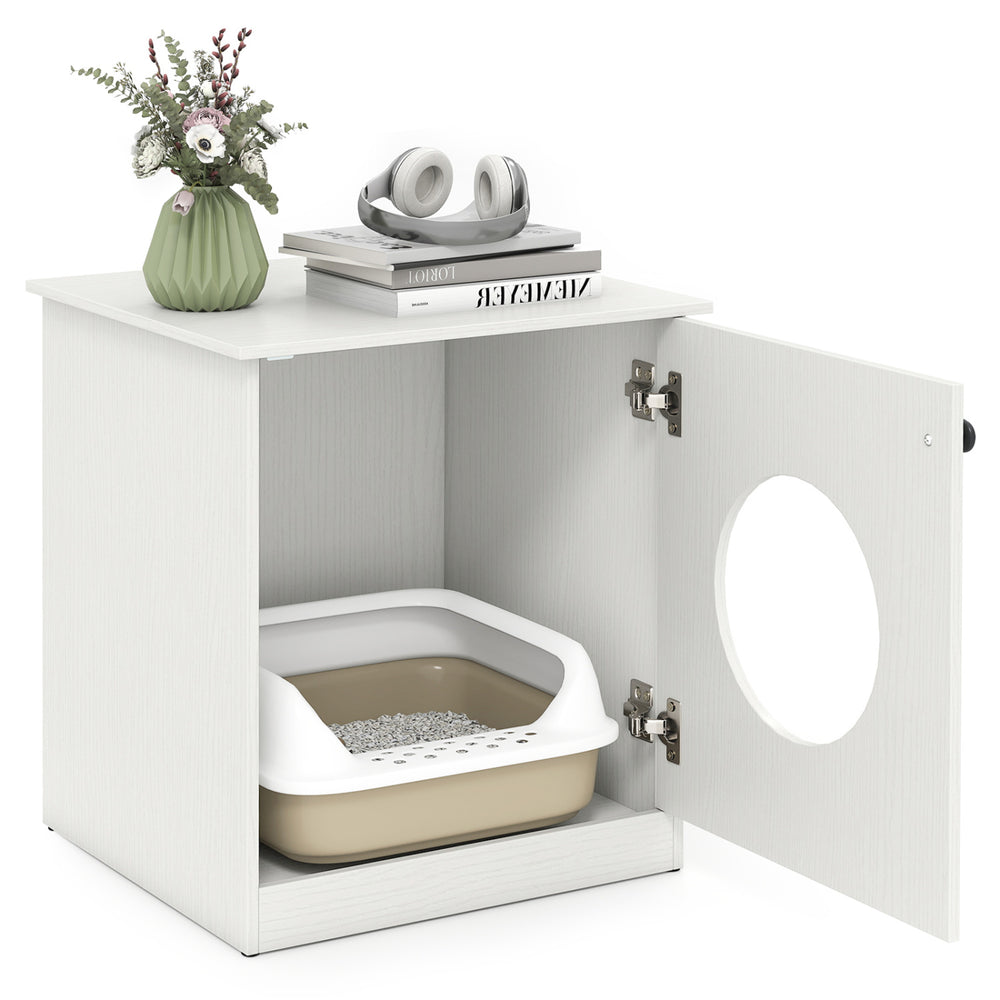 Modern cat litter box enclosure in white, featuring a hidden design for discreet use and easy access for cats.