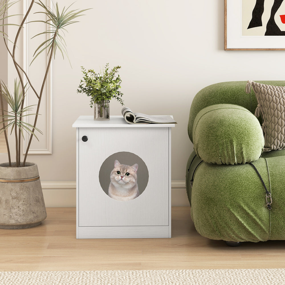 Modern cat litter box enclosure in white, featuring a circular opening, perfect for small to large cats.