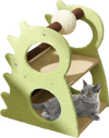2-tier green cat tree with dinosaur design, featuring a rotatable sisal scratching ball and cozy platforms for indoor.
