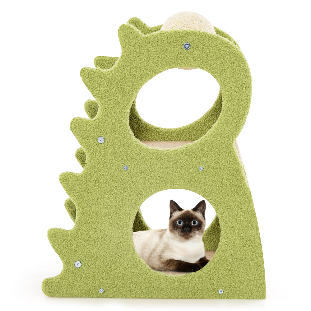 Green 2-tier modern cat tree with dinosaur design, featuring scratching ball and cozy hideouts for indoor cats.
