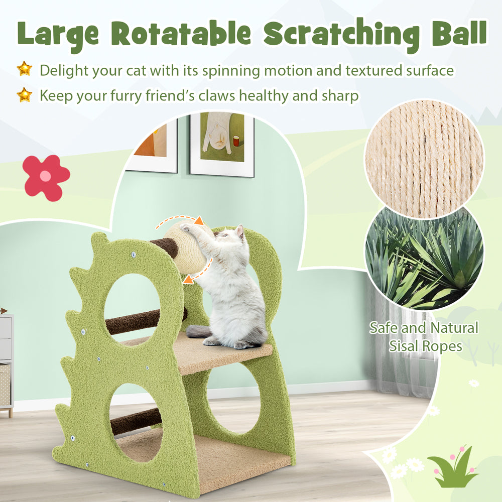 Large green 2-tier cat tree with rotatable sisal scratching ball and plush fabric, perfect for indoor play and.