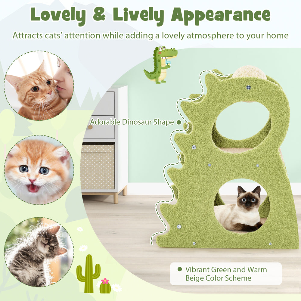 2-tier modern cat tree in vibrant green with dinosaur design, featuring scratching ball and cozy platforms for indoor.