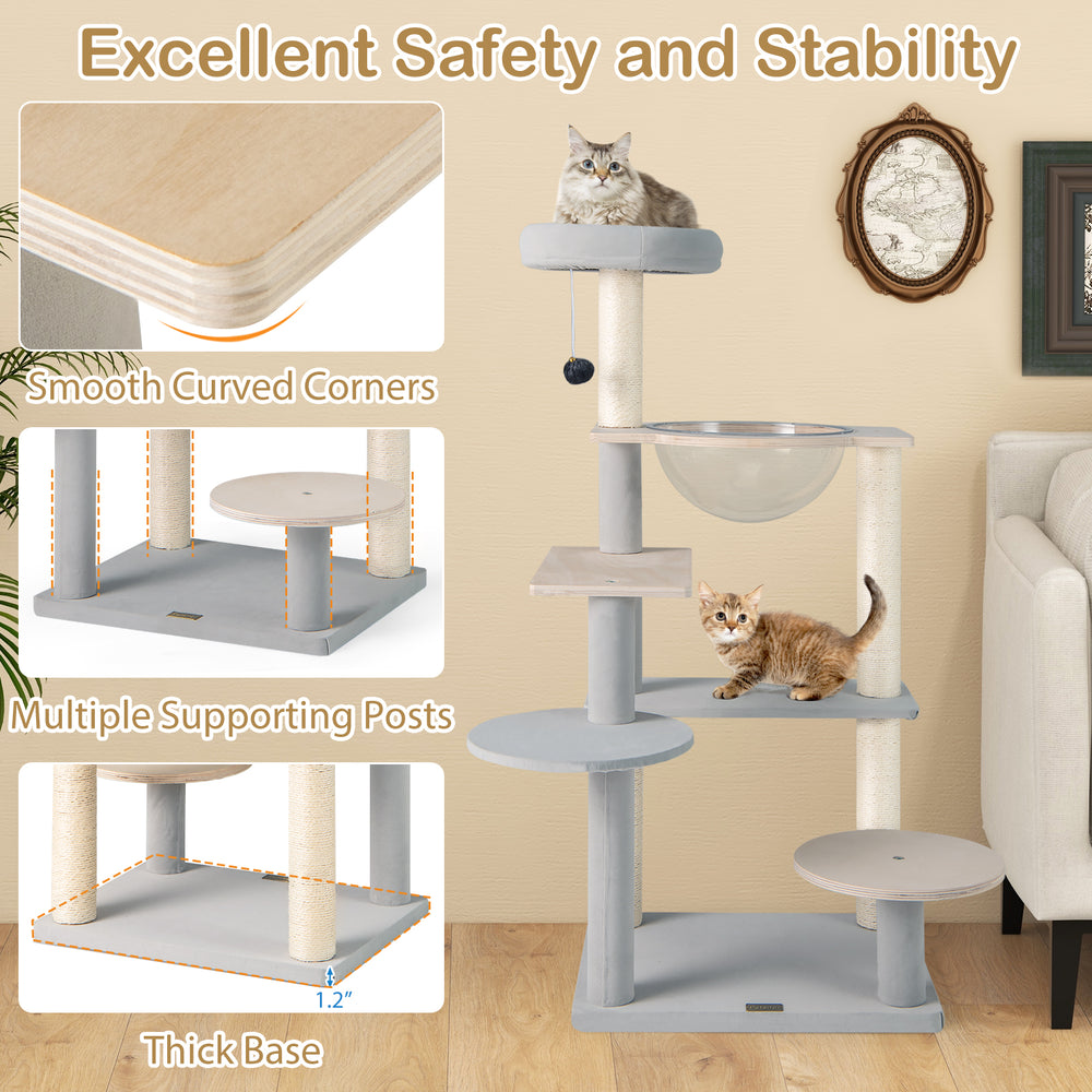 Multi-level 44-inch cat tree with removable padded perch, sisal scratching posts, and sturdy base for stability.