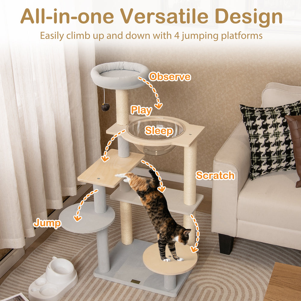 Multi-level cat tree with removable padded perch, sisal scratching posts, and four platforms for play and rest.