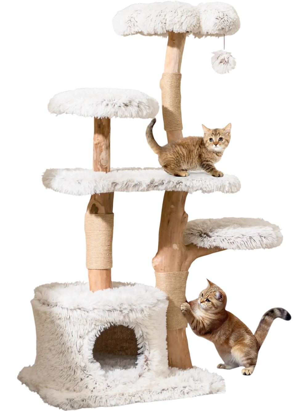Modern cat tree with natural wood branches, plush platforms, and jute scratching posts for playful and cozy lounging.