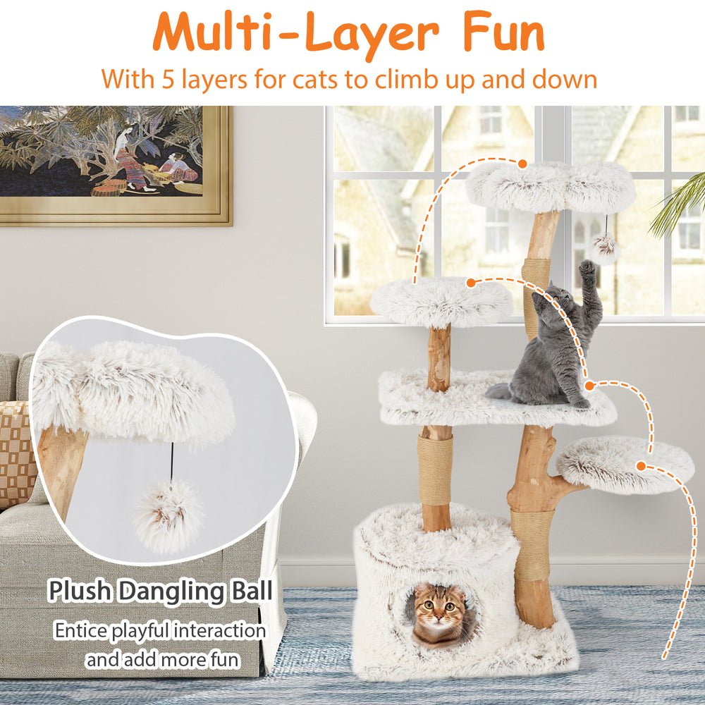 Modern cat tree with plush coverings, natural wood branches, and a dangling ball for playful interaction and climbing.