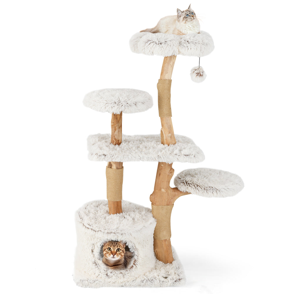 Modern cat tree with solid pear wood branches, plush platforms, and jute scratching posts for playful relaxation.