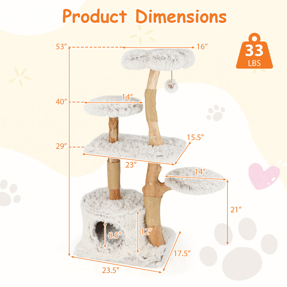 Dimensions of the Modern Cat Tree featuring solid wood branches, plush platforms, and jute scratching posts for playful.